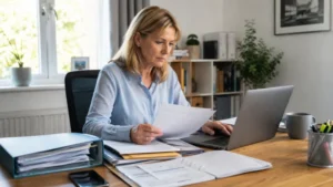 Person reviewing bank statements and benefit records to investigate a missing historical payment