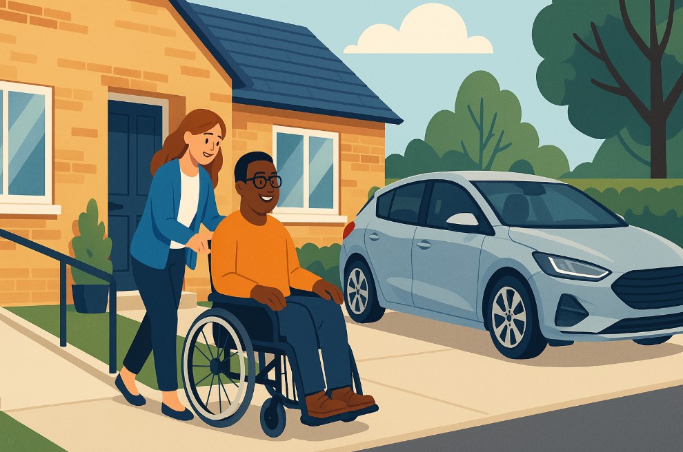 An illustrative wide image showing a diverse group of disabled individuals interacting with mobility vehicles — including a wheelchair user beside a car, someone on a mobility scooter, and a visually impaired person with a cane. They're in a friendly Motability dealership environment with smiling staff nearby. The setting should feel modern, inclusive, and supportive. No text in the image.