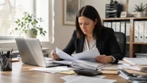 Benefits investigator reviewing information that could indicate benefit fraud in the UK