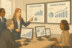 A team of government analysts reviewing financial fraud data
