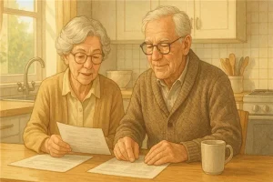An older couple reviewing financial state pension exempt documents