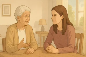 Older woman and a younger adult talking about dwp exemption